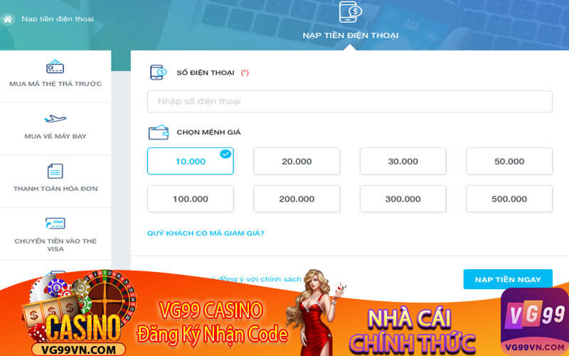 Nạp tiền VG99 qua thẻ cào điện thoại